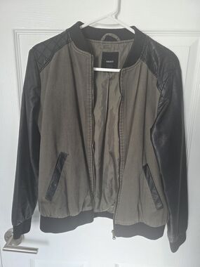 Forever 21 Olive Green Bomber Jacket with Black Faux Leather Sleeves